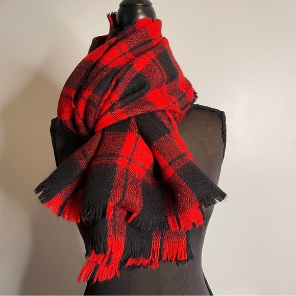 Black Red Plaid Tartan Oversized Scarf Wrap Throw Fringe Soft Blanket Cozy Fall - Picture 12 of 14